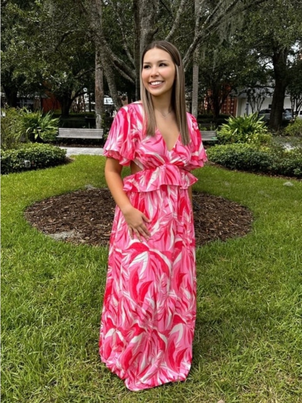 Pink Swirl V-Neck Ruffle Maxi Dress
